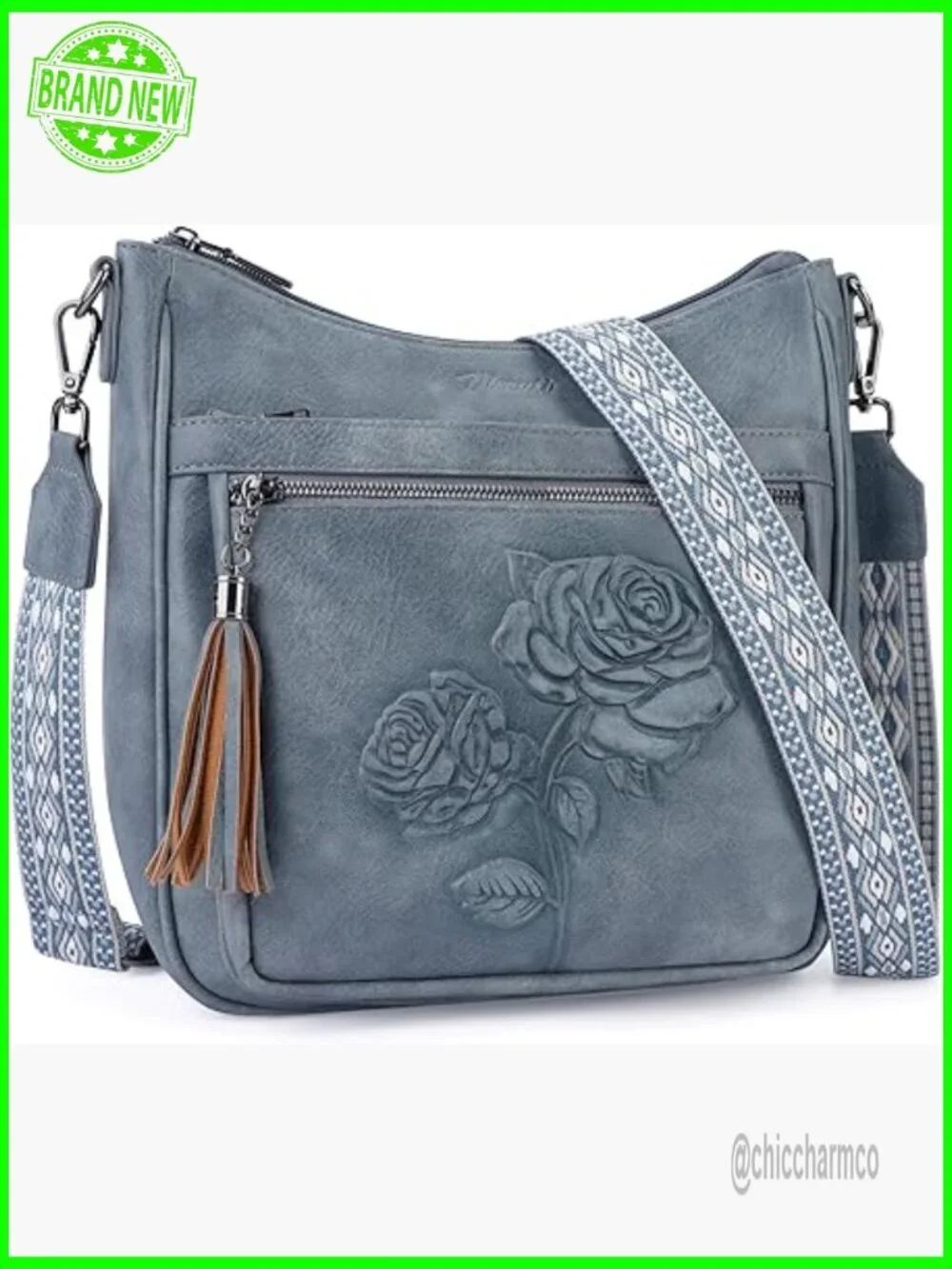 Large Vegan Leather Crossbody Hobo Bag with Floral Embossed Pattern Adjustable